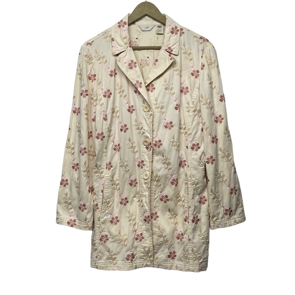 J. Jill Beige Embroidered Floral Button Up Jacket Size 14